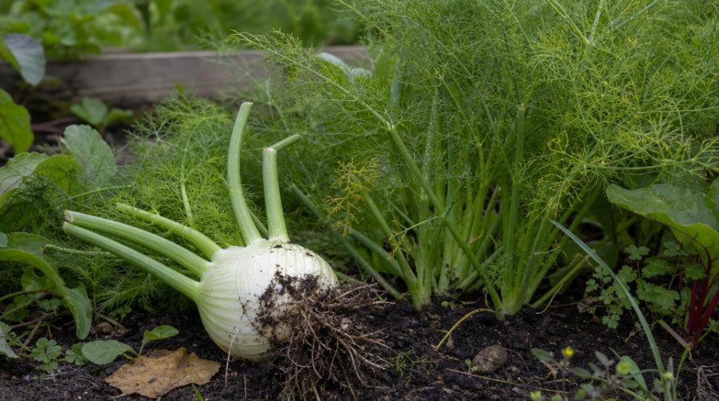 Bulbe de fenouil ferme fraîchement récolté au potager