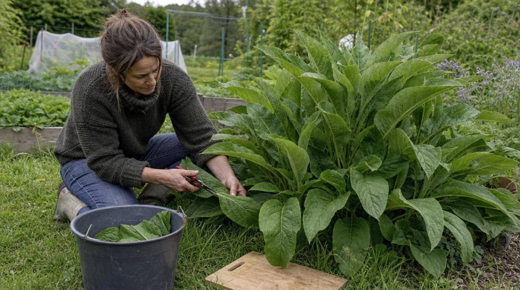Jardinier récoltant des feuilles fraîches de consoude