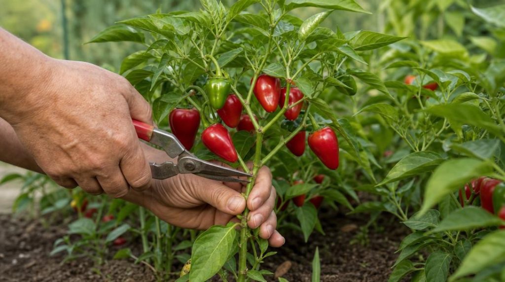 Main récoltant un piment rouge bien mûr