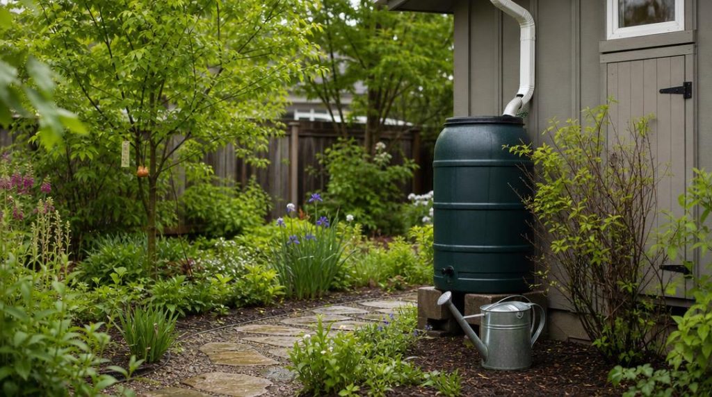 Récupérateur d'eau de pluie près de plantations paillées