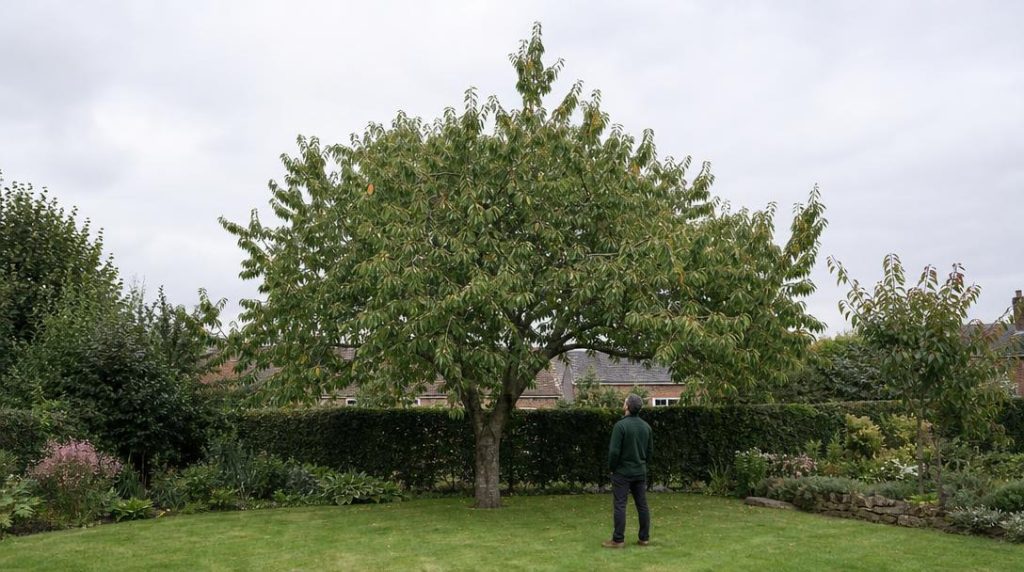 Grand cerisier à couronne réduite dans un jardin