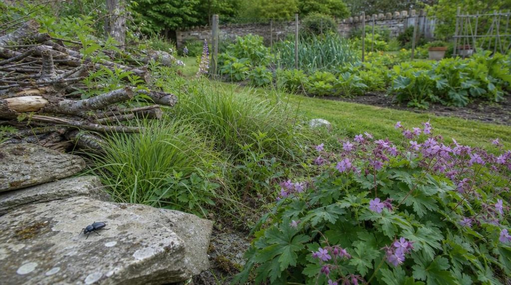 Refuge de pierres et branches pour auxiliaires du potager