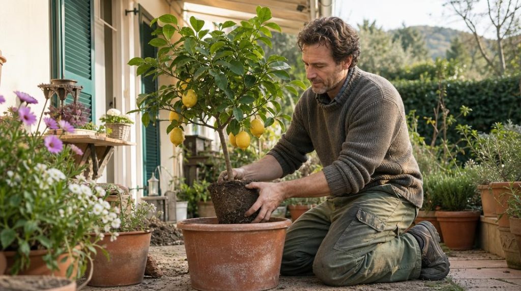 Citronnier en pot rempoté sur une terrasse de jardin