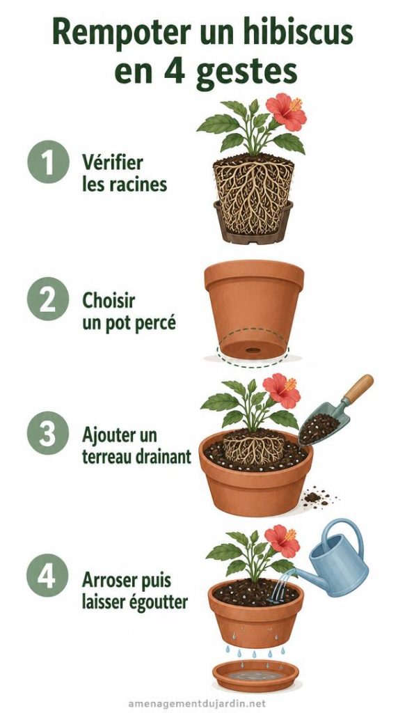 Quatre étapes illustrées pour rempoter un hibiscus