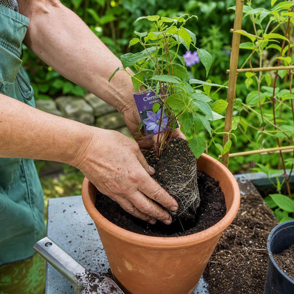 Jeune clématite enracinée rempotée dans un pot en terre cuite