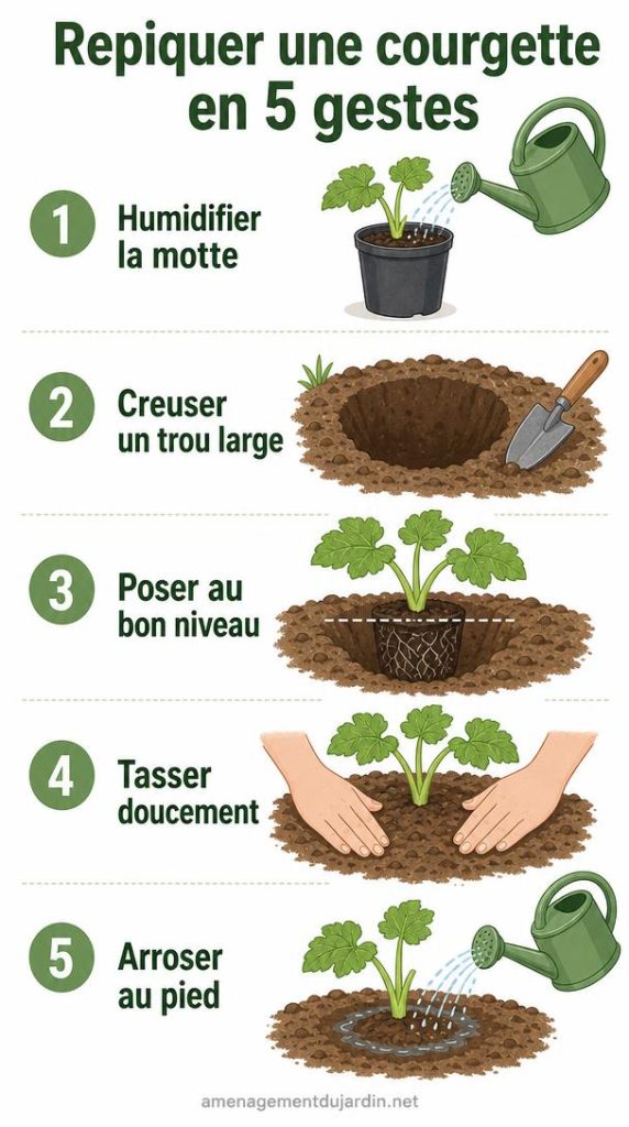 Étapes illustrées pour repiquer une courgette