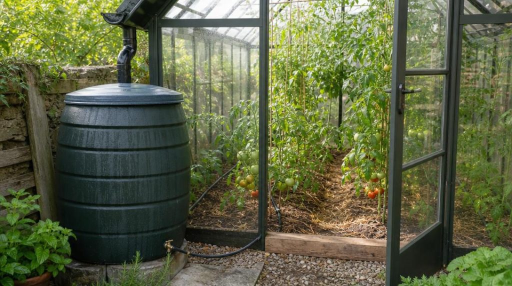 Réserve d’eau reliée à une serre potagère