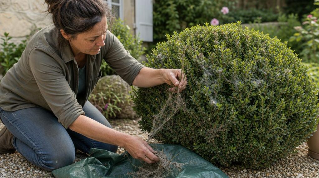 Jardinier retirant des chenilles dans un buis