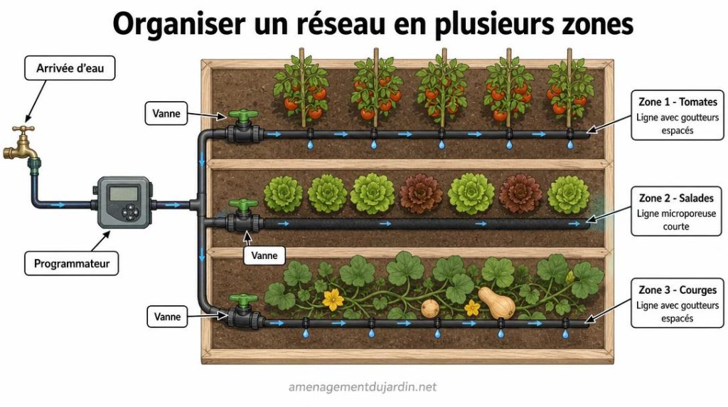 Schéma de trois zones d’arrosage dans un potager