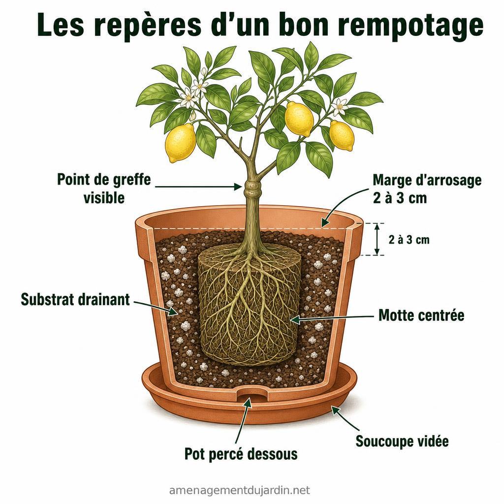 Schéma de pot avec citronnier correctement rempoté