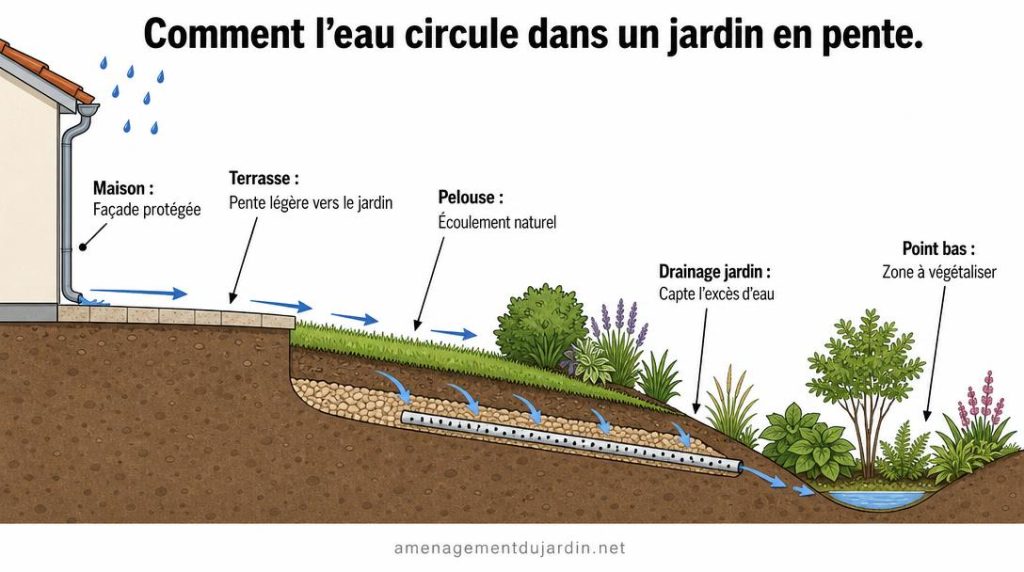 Schéma de drainage et écoulement sur jardin en pente