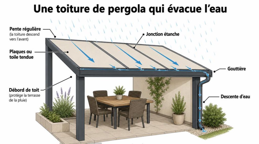 Schéma de pente et gouttière pour toiture de pergola
