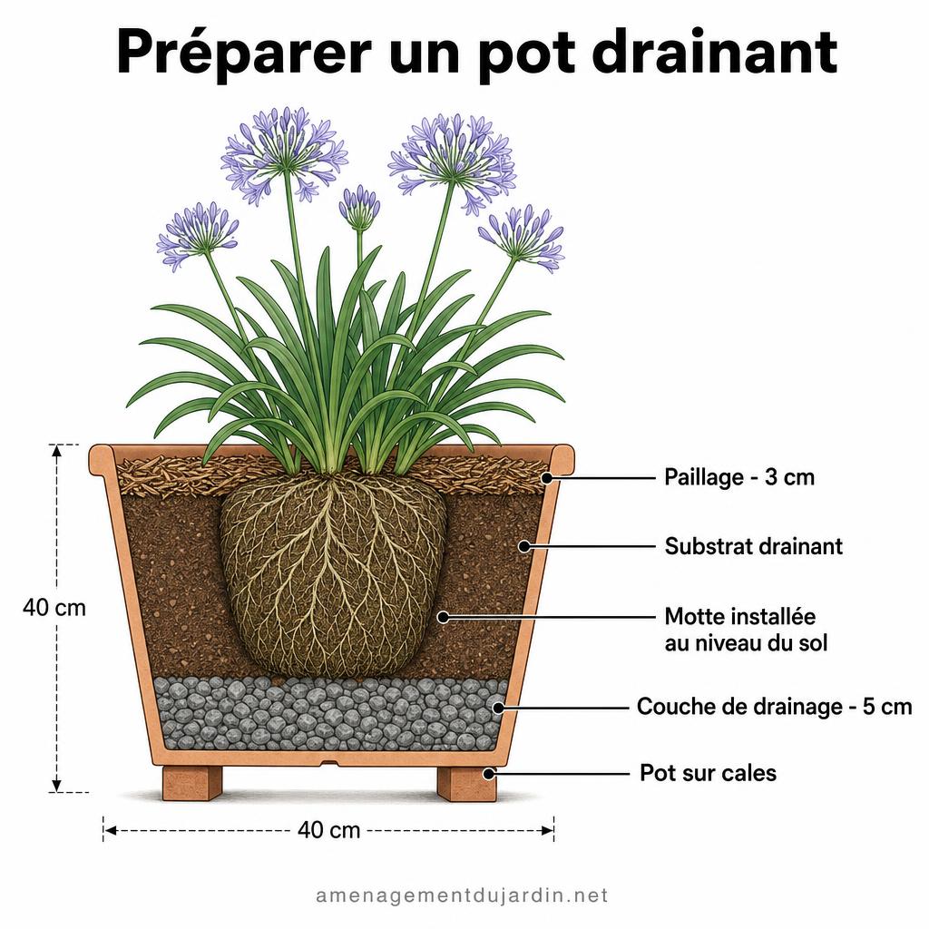 Schéma de pot drainant avec paillage et couche minérale