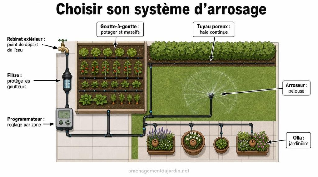 Schéma des systèmes d’arrosage par zone de jardin