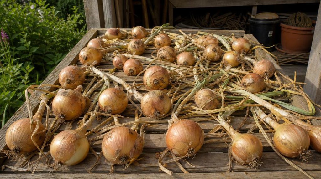 Bulbes d’oignon séchant sur une clayette aérée