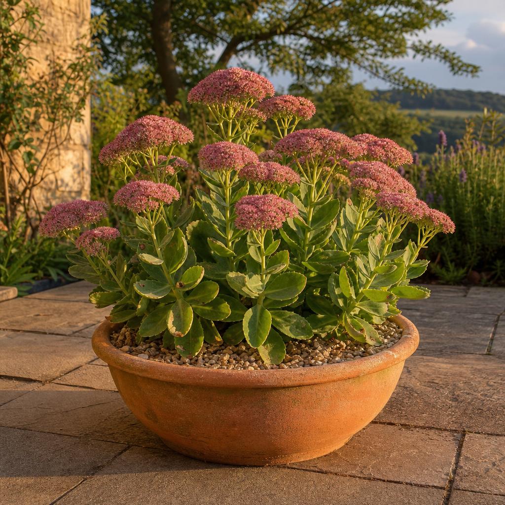 Sédum rose fleuri dans un pot sur terrasse chaude