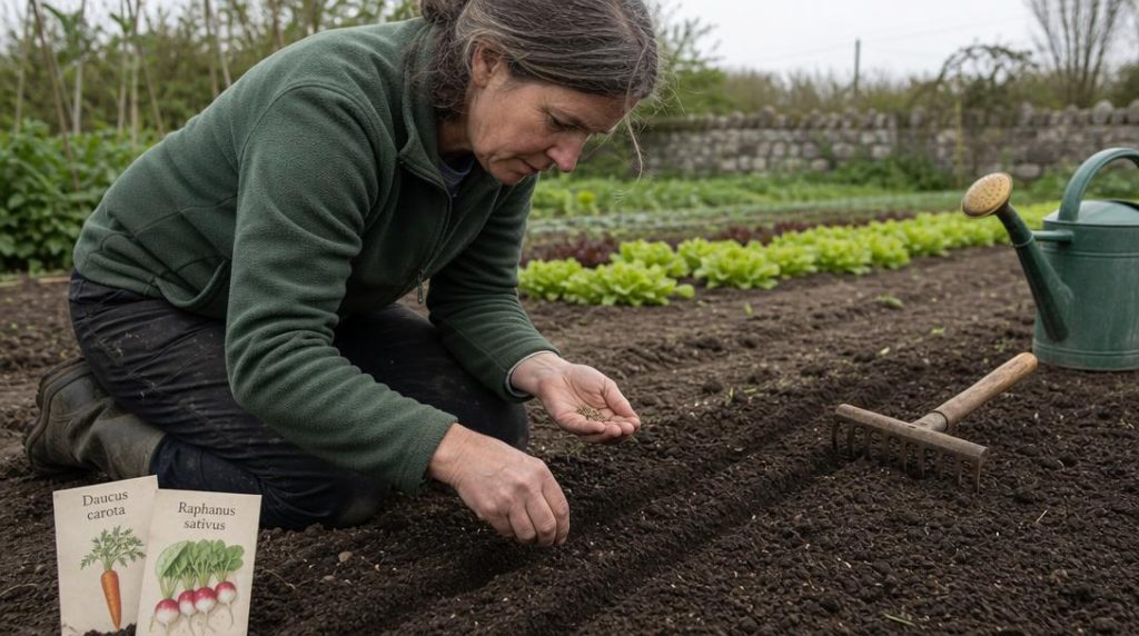Semis de carottes et radis dans un potager