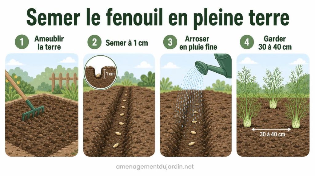 Étapes illustrées du semis de fenouil en pleine terre
