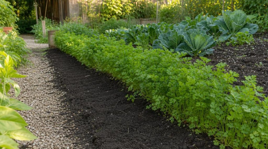 Touffes de persil et sillon fraîchement semé au potager