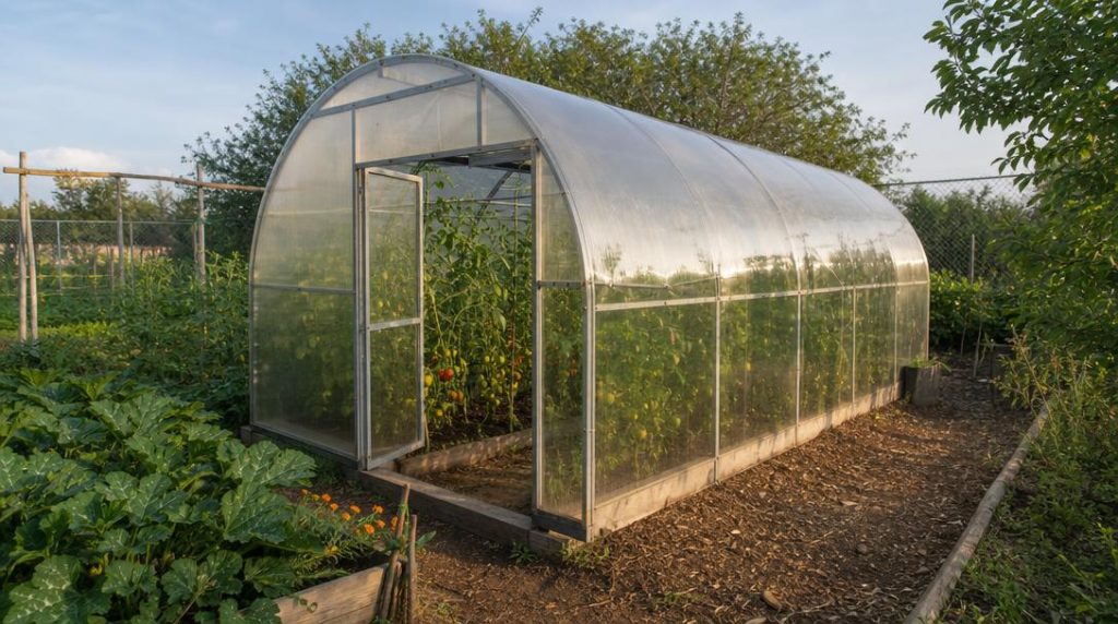Serre à pieds droits avec tomates cultivées sur les côtés