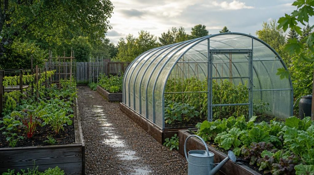 Serre tunnel dans un potager familial au printemps