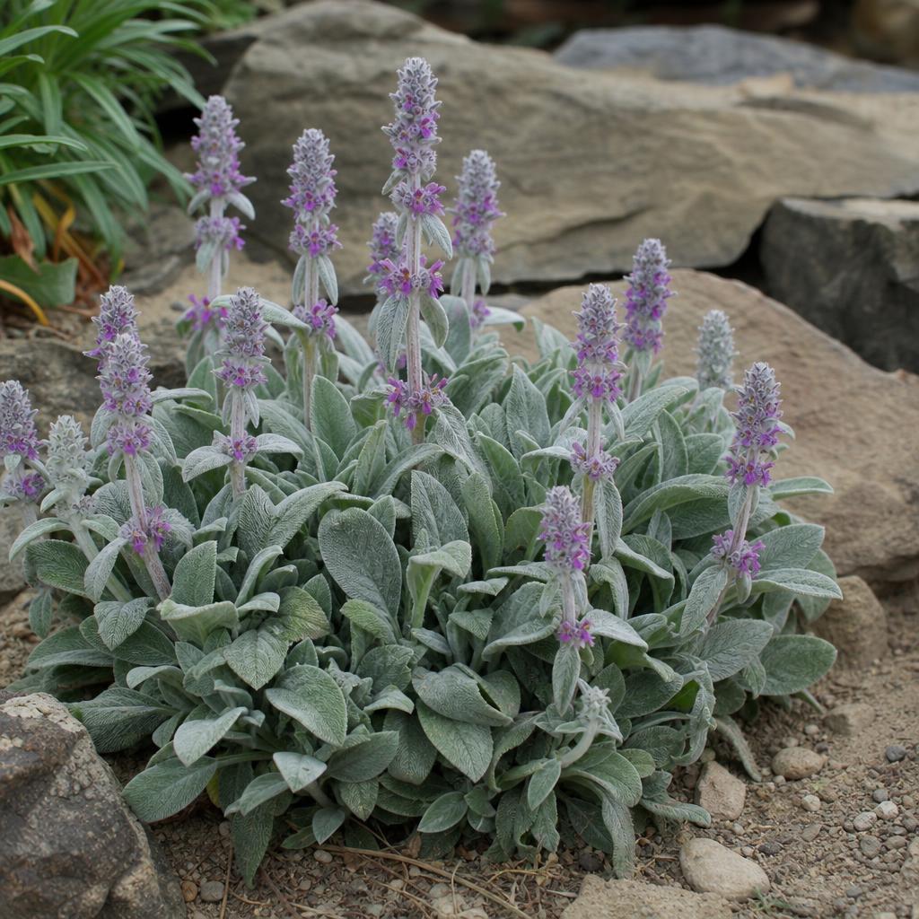 Feuillage gris argenté et fleurs mauves du Stachys
