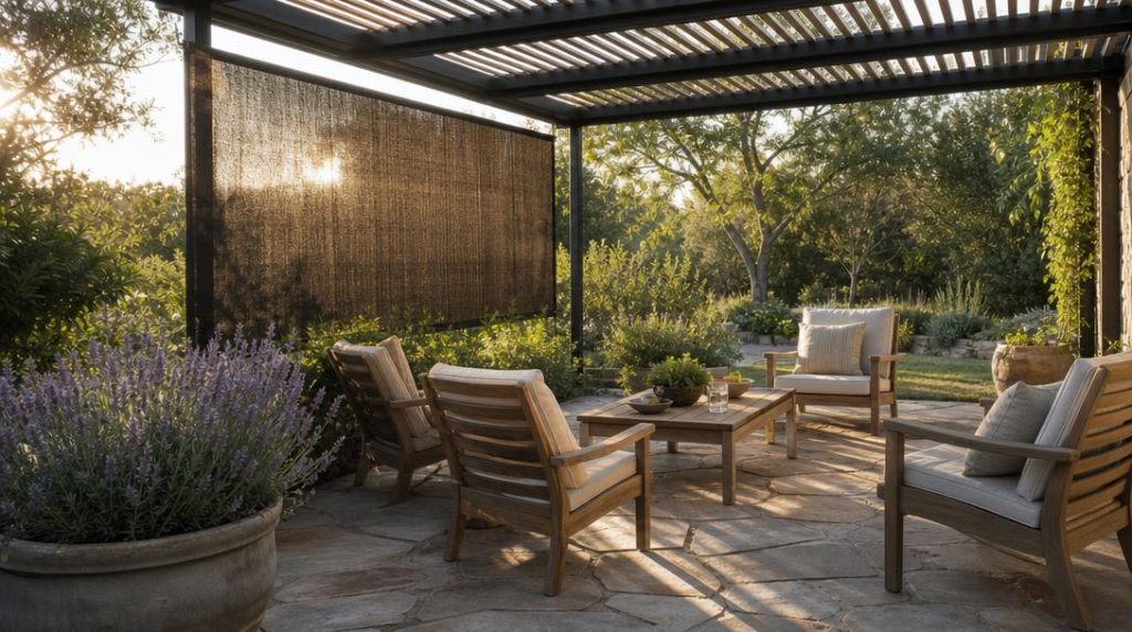 Store latéral filtrant le soleil rasant sur une terrasse