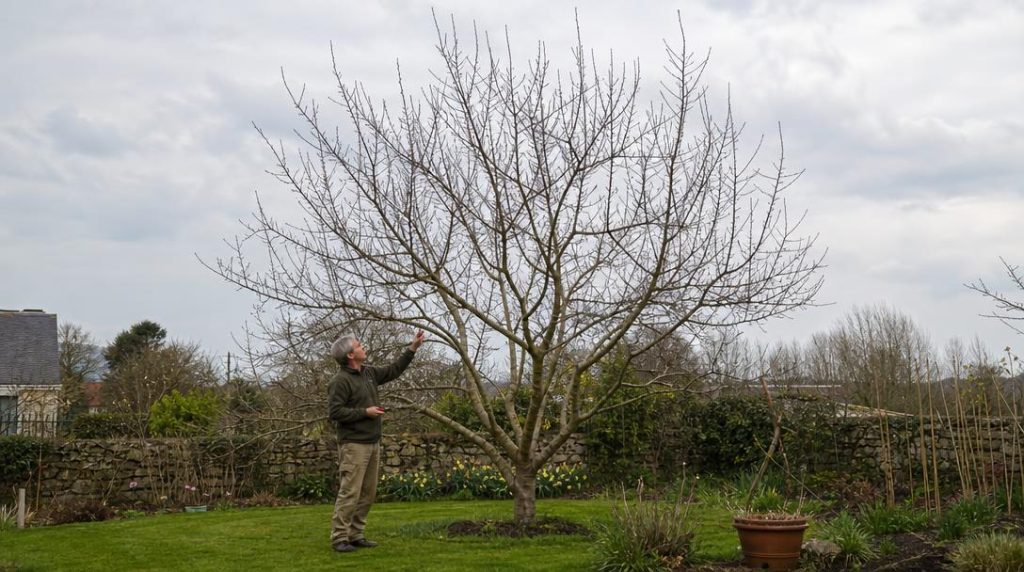 Jardinier taillant un amandier dormant dans un jardin