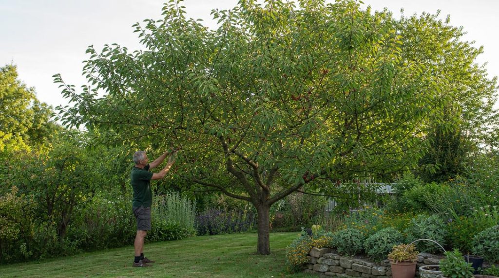 Jardinier taillant un cerisier adulte après récolte