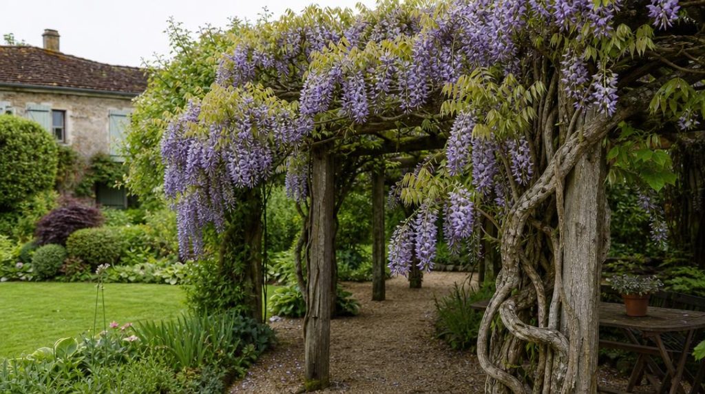 Glycine violette en fleurs sur pergola de jardin