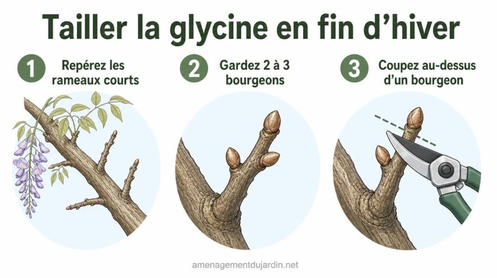 Taille hivernale de glycine à trois bourgeons