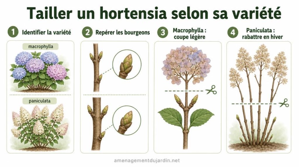 Schéma de taille pour hortensias macrophylla et paniculata