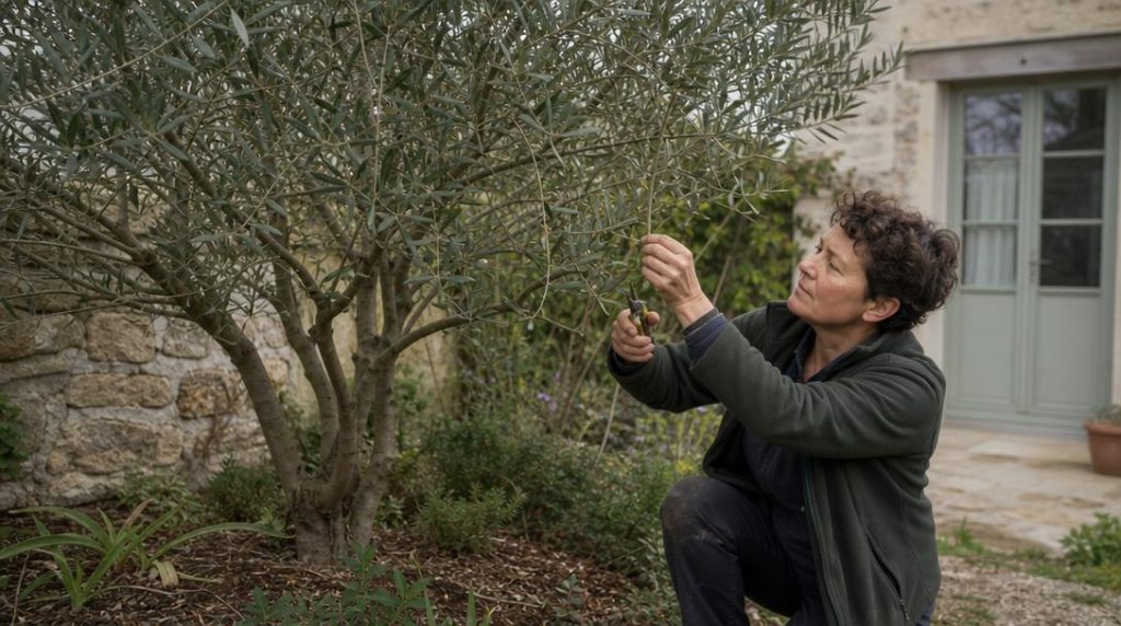Mains taillant une petite branche sèche d'olivier