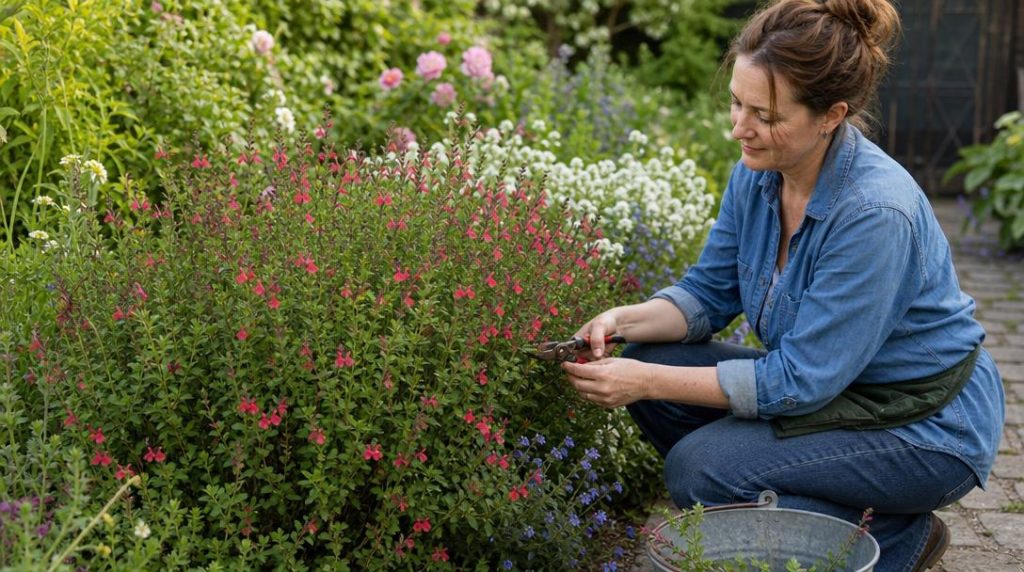 Taille printanière d’une sauge arbustive fleurie au jardin