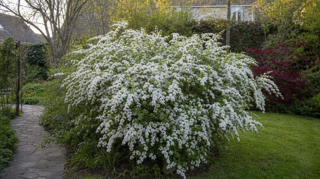 Spirée blanche fleurie au bord d’une pelouse