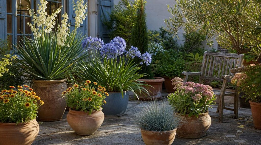 Terrasse plein soleil avec cinq plantes en pots