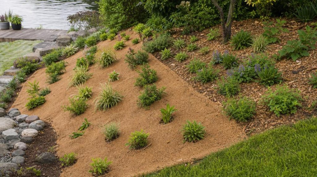 Toile de coco sur talus planté de jeunes arbustes