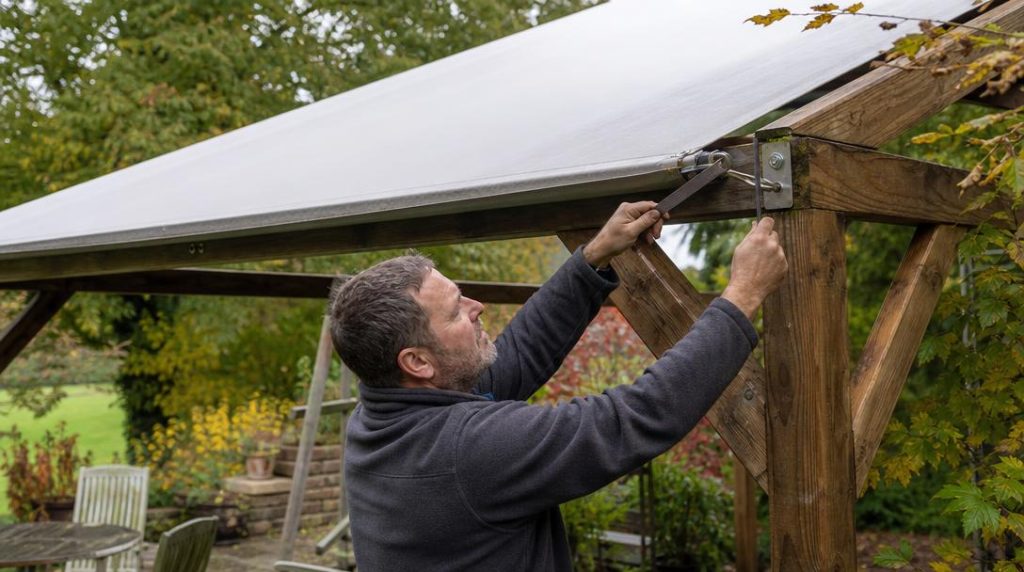 Jardinier tendant une toile PVC sur une pergola