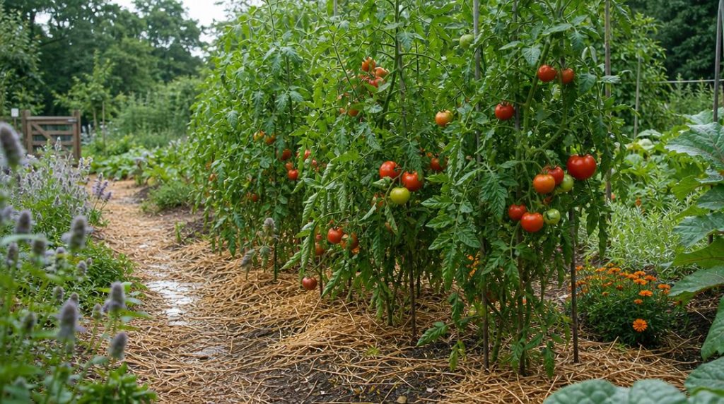 Pieds de tomates sur sol humide couvert de paille