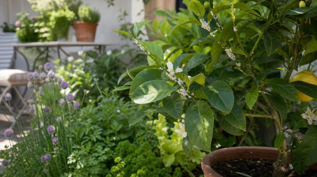 Citronnier en pot avec cochenilles sur jeunes tiges