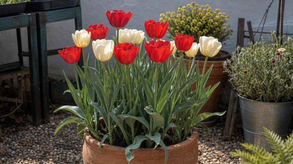 Tulipes rouges et crème fleuries dans un pot en terre