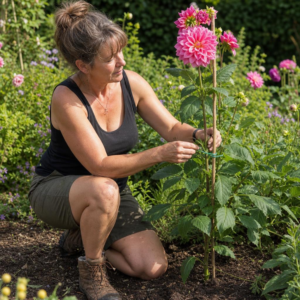 Jardinier tuteurant un dahlia rose en pleine floraison