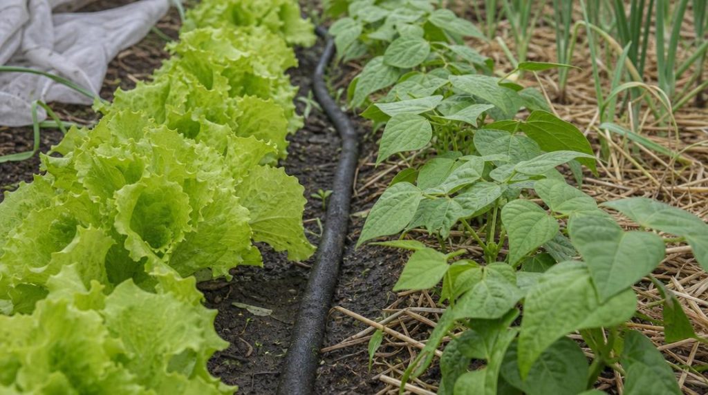 Tuyau microporeux entre rangs de salades et haricots