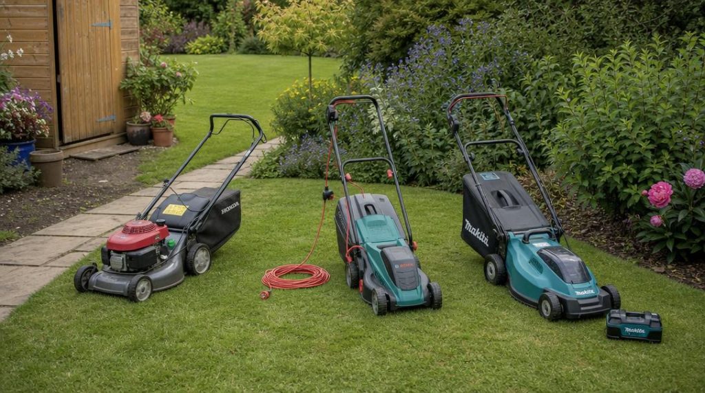 Tondeuses thermique électrique et batterie dans un jardin
