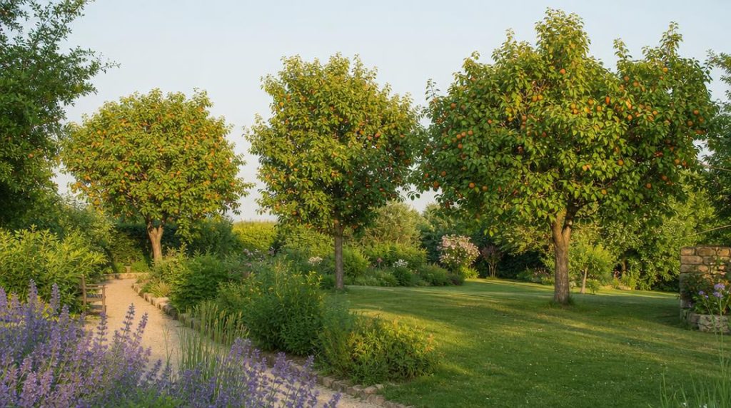 Jardin familial avec abricotiers chargés de fruits d'été