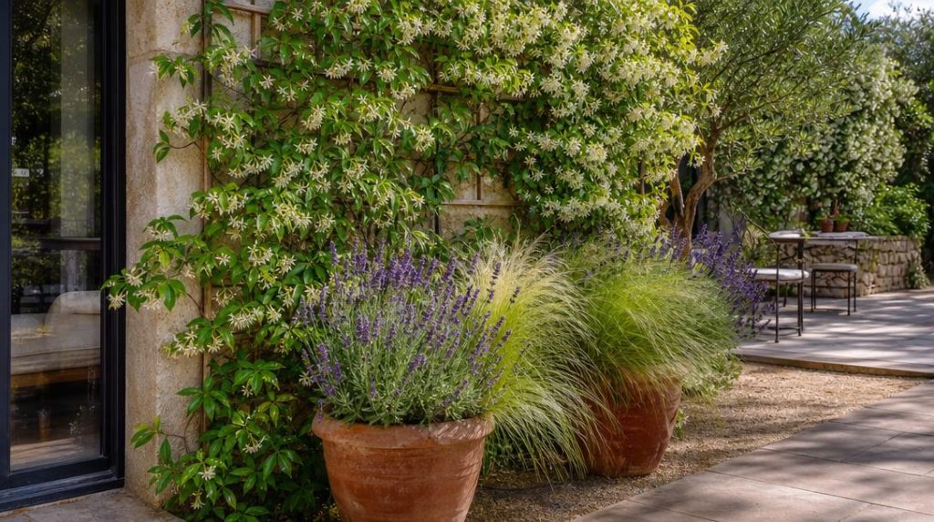 Jasmin grimpant et grands bacs autour d’une terrasse