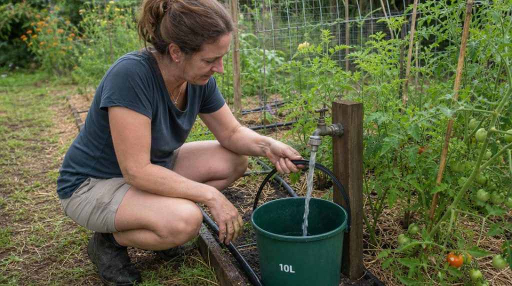 Jardinier vérifiant le débit d’eau près du potager