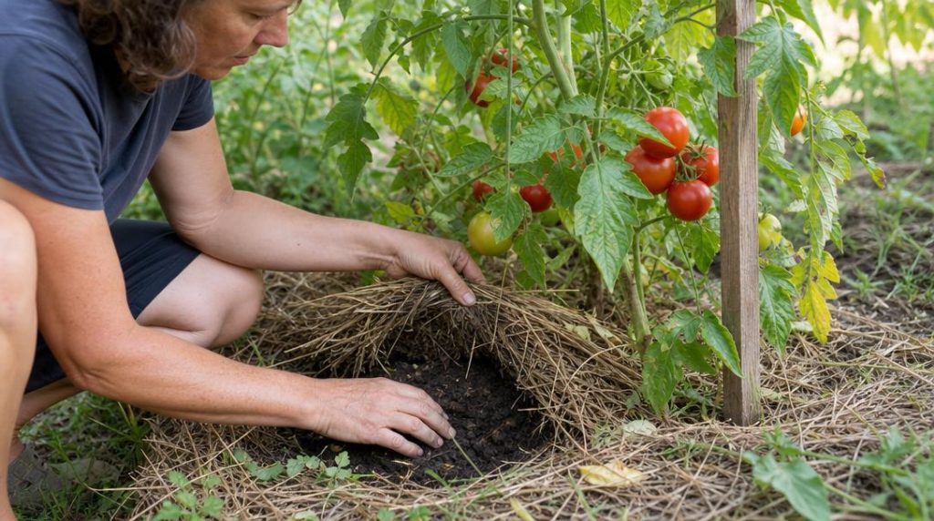 Main vérifiant la terre sous un paillis de paille