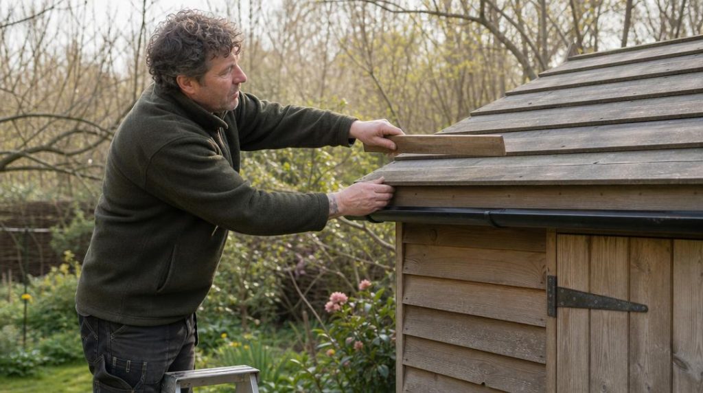 Jardinier contrôlant la pente d’un toit d’abri en bois