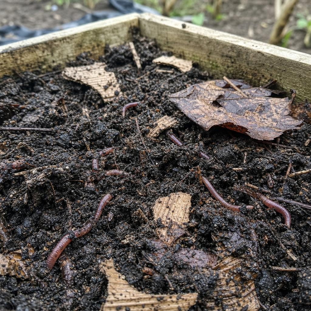 Lombrics rouges dans litière de compost humide